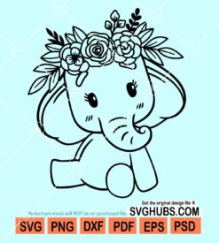 Baby elephant with flowers svg