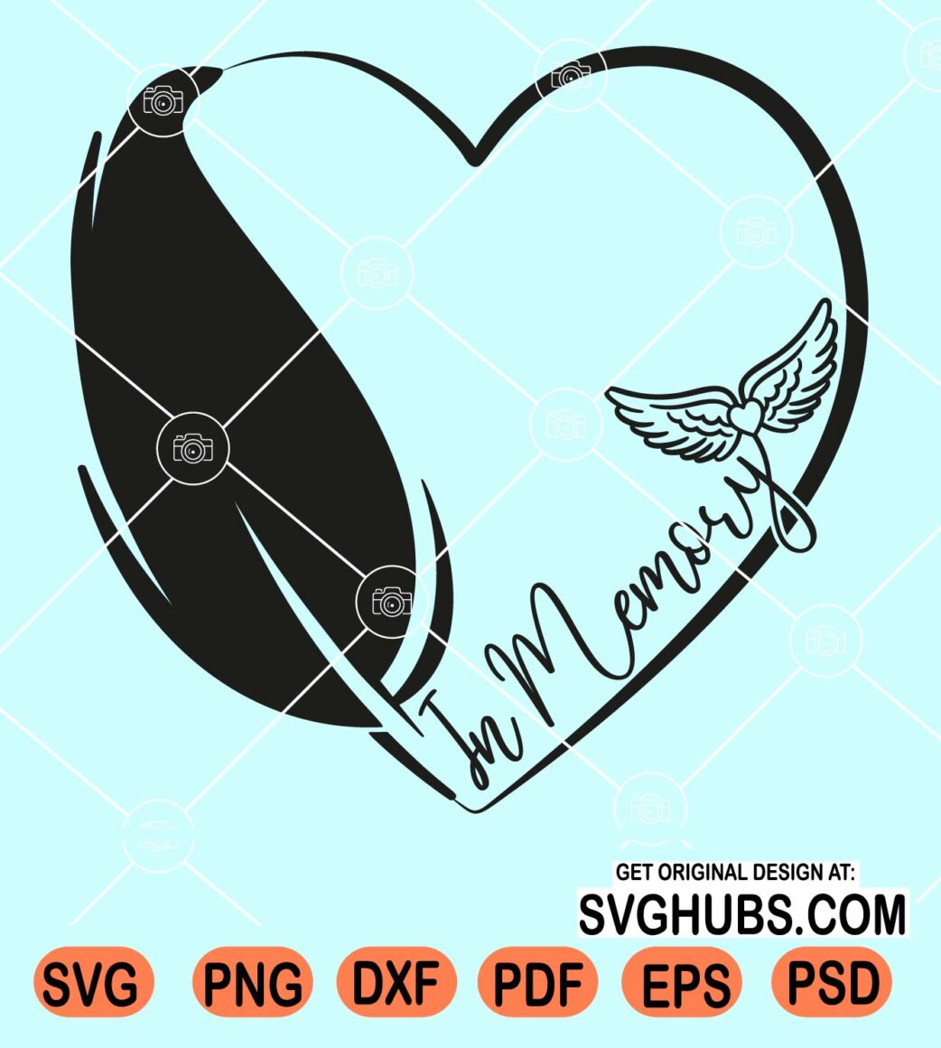 In memory heart with feather and angel wings svg, In Loving Memory Svg ...