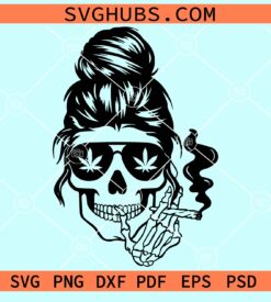 Messy bun skull smoking weed svg