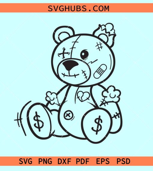 Beaten Teddy Bear SVG, injured Teddy Bear SVG, Teddy bear with heart svg