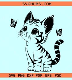 Kitten Playing Butterfly Svg, curious cat svg, cute kitten svg, Butterflies and cat SVG