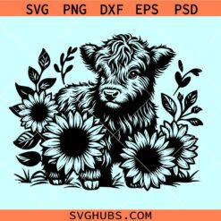 Baby highland cow with sunflowers SVG, Happy Mothers Day SVG, highland cow with Sunflowers svg