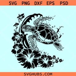 Floral Sea Turtle SVG, Turtle hibiscus svg, turtle sea wave svg, sea turtle svg