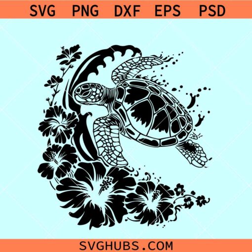 Floral Sea Turtle SVG, Turtle hibiscus svg, turtle sea wave svg, sea ...