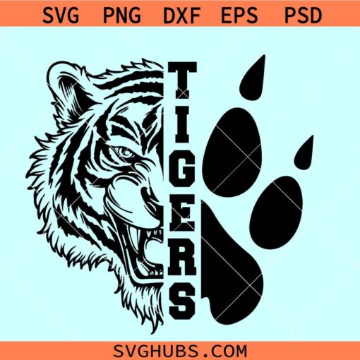 Split Tiger head Tigers Mascot SVG, Tigers Mascot SVG, Tigers school spirit svg, Tiger paw print SVG