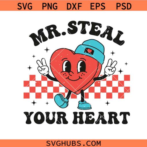 Mr Steal Your Heart checkered SVG, Boy valentine svg, valentine retro heart svg